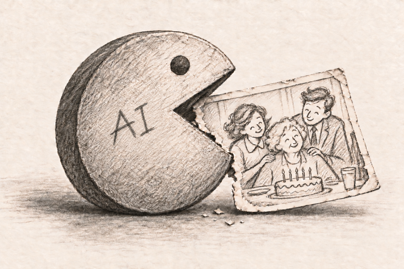 Pac-Man disegnato a matita, con la scritta AI sul corpo, mangia una vecchia foto di famiglia.
